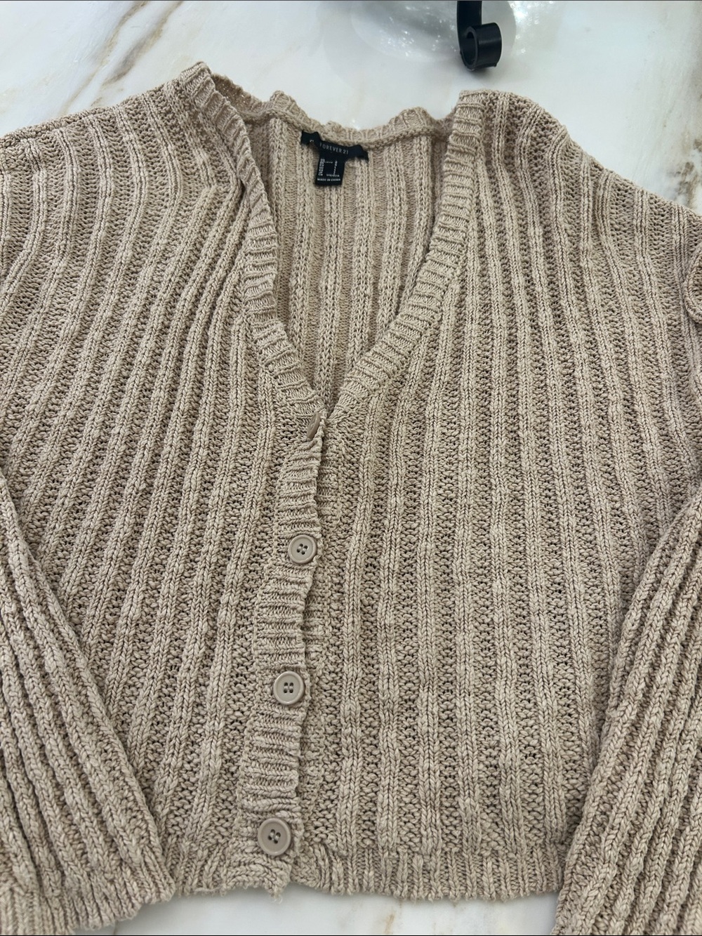 Forever 21 Taupe Ribbed V-Neck Button Cardigan